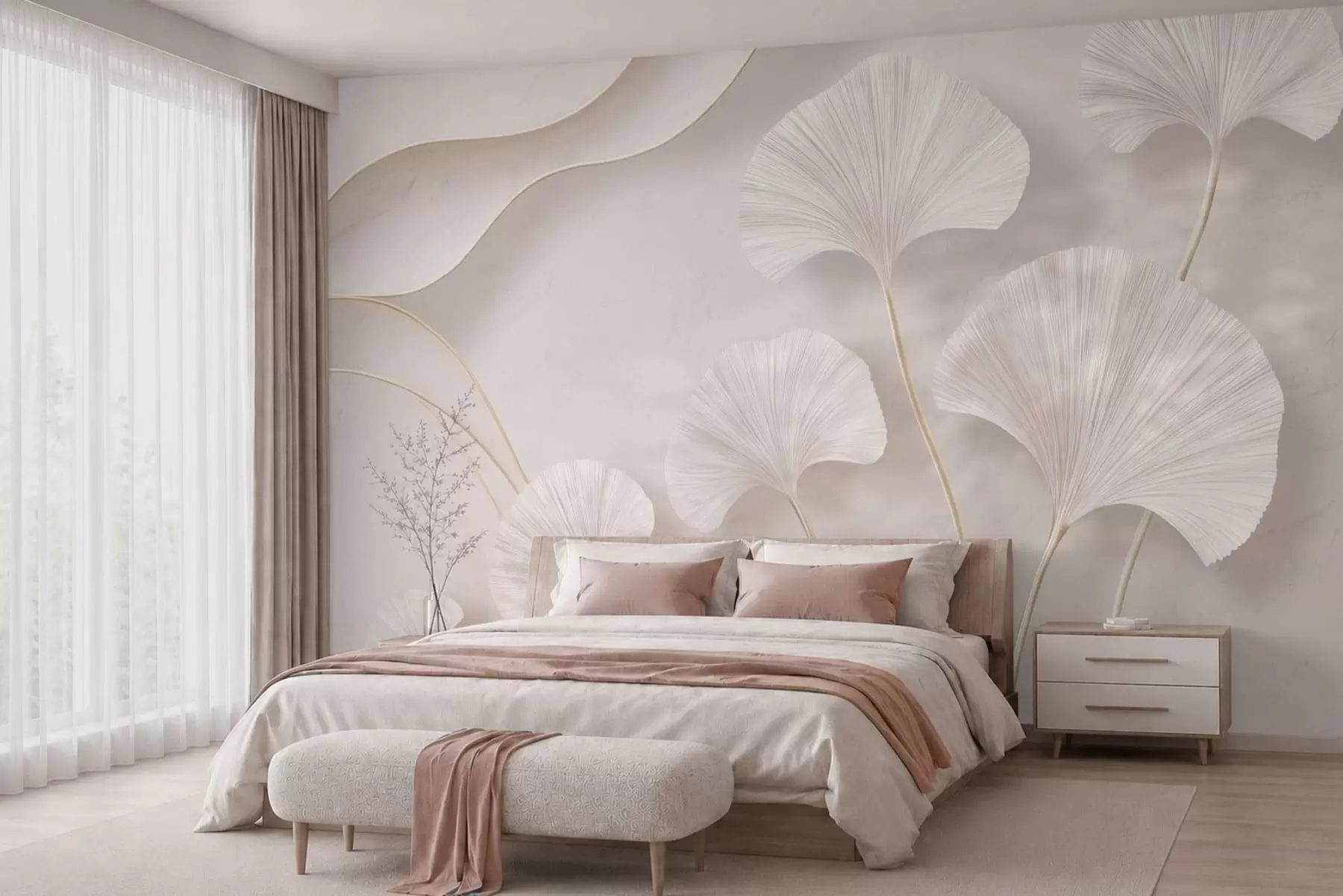wall murals Light-colored ginkgo leaves against a soft marble background w05734v1