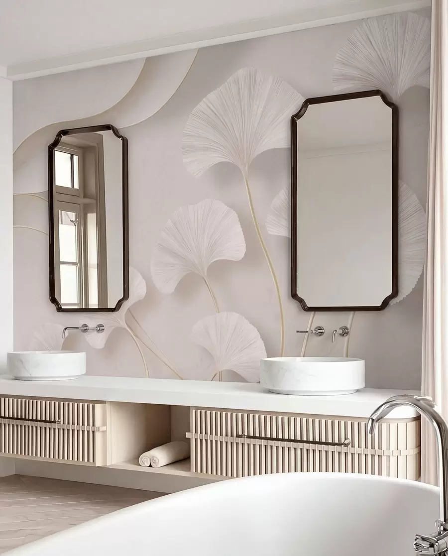 wall murals Light-colored ginkgo leaves against a soft marble background w05734v1