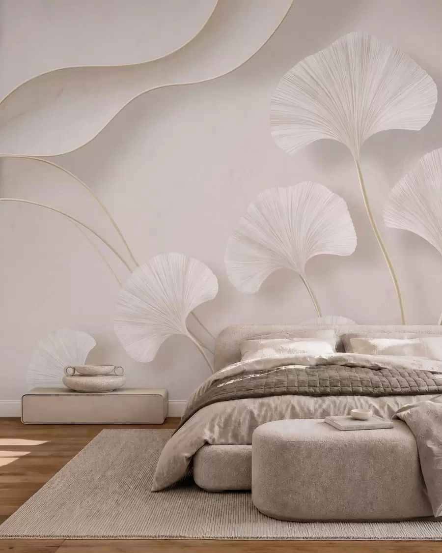 wall murals Light-colored ginkgo leaves against a soft marble background w05734v1