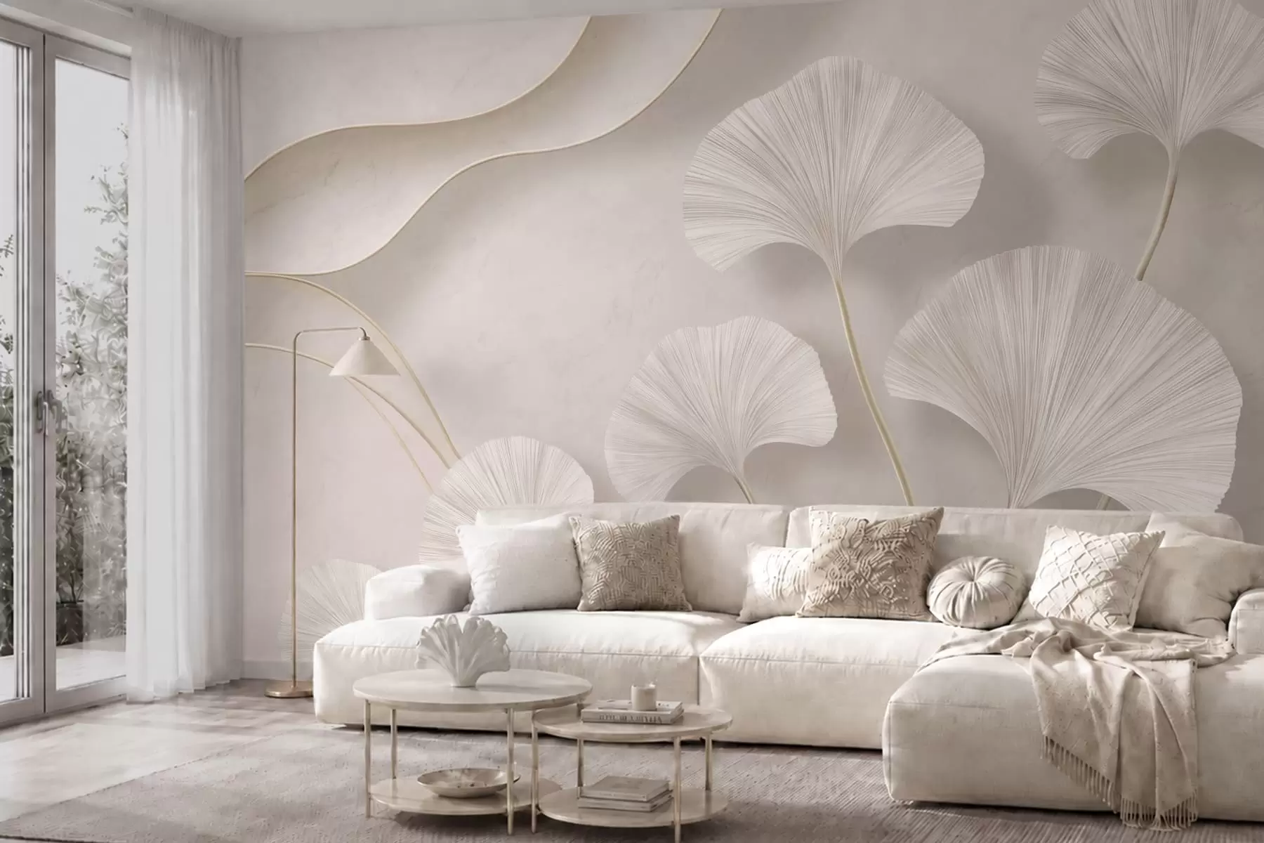 wall murals Light-colored ginkgo leaves against a soft marble background w05734v1