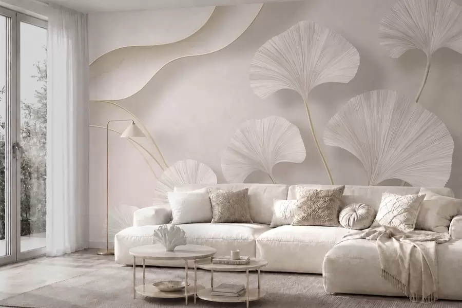 wall murals Light-colored ginkgo leaves against a soft marble background w05734v1