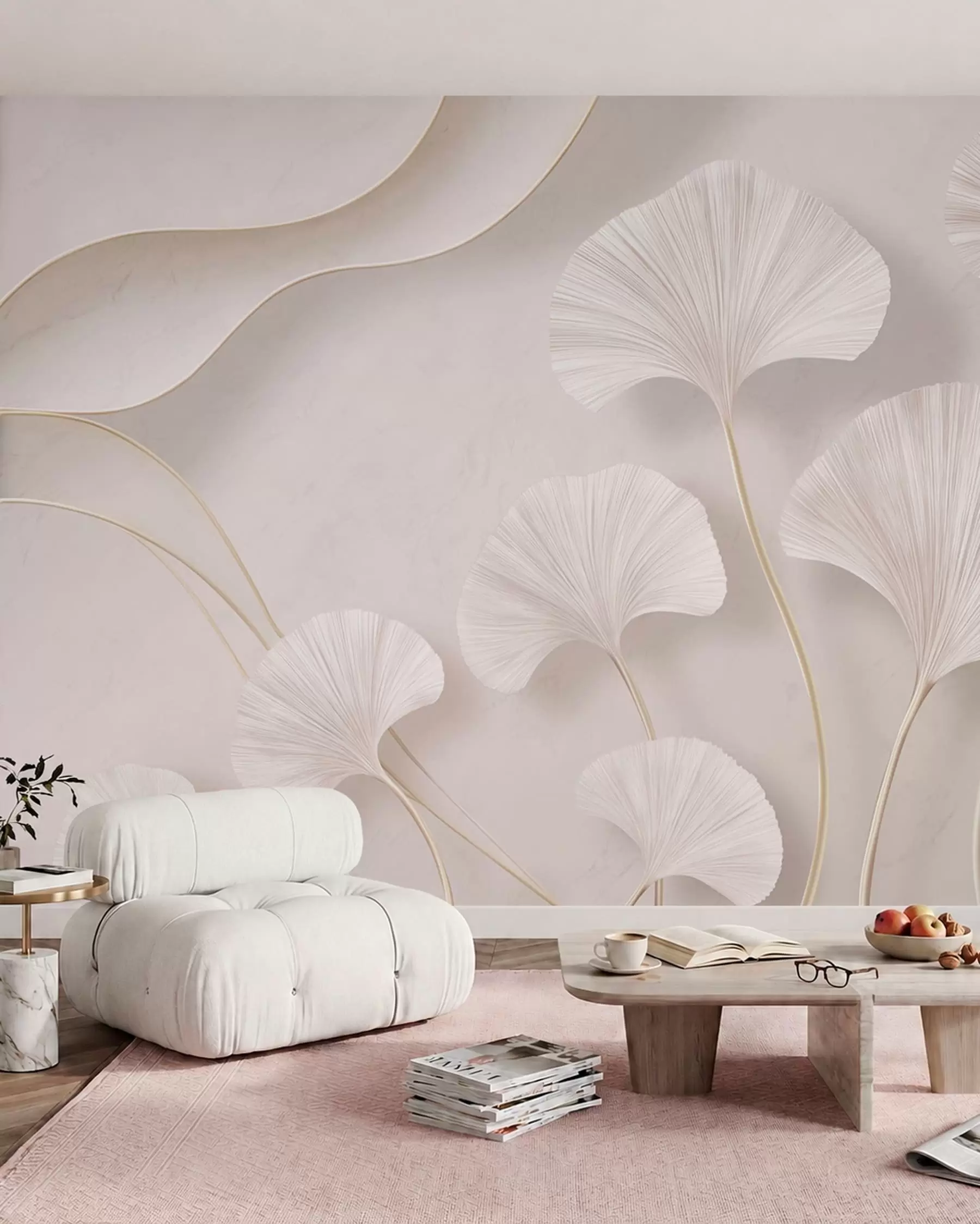 wall murals Light-colored ginkgo leaves against a soft marble background w05734v1