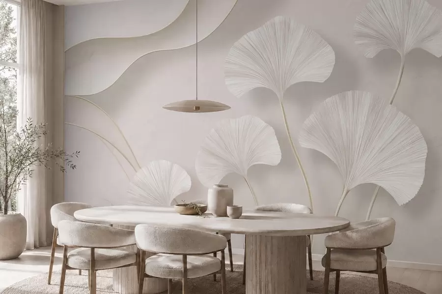 wall murals Light-colored ginkgo leaves against a soft marble background w05734v1