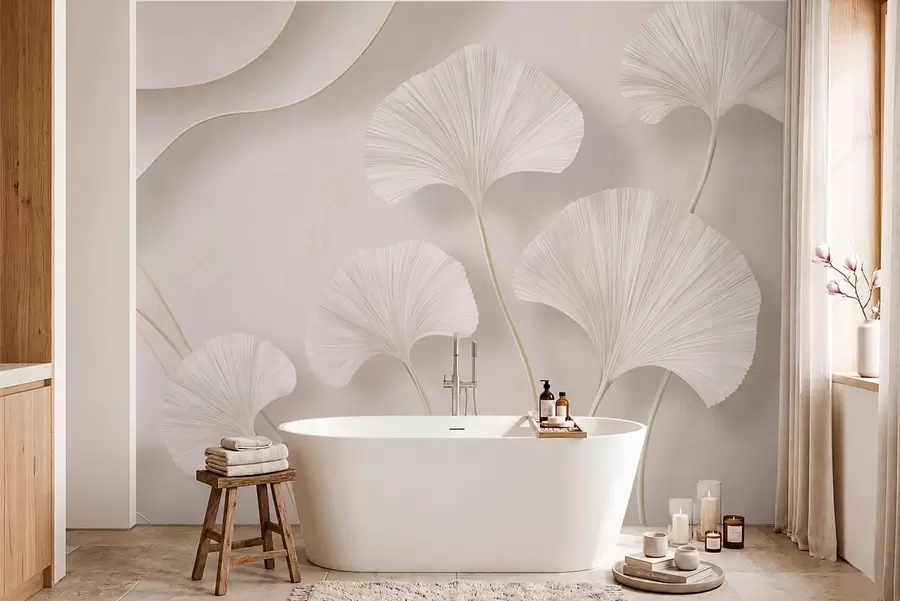 wall murals Light-colored ginkgo leaves against a soft marble background w05734v1