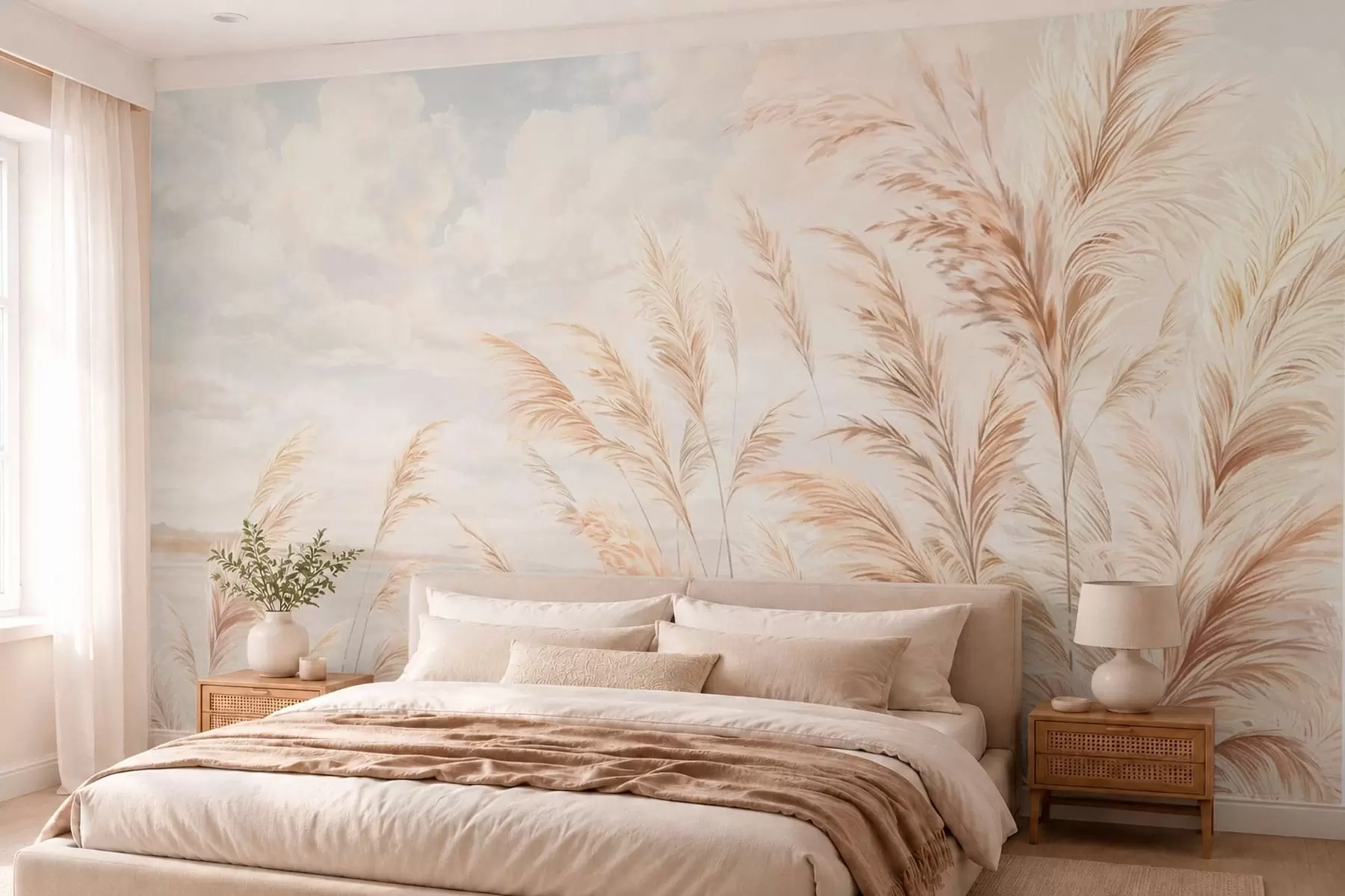 wall murals Soft, tall stalks of wheat and grass under a cloudy sky w05735