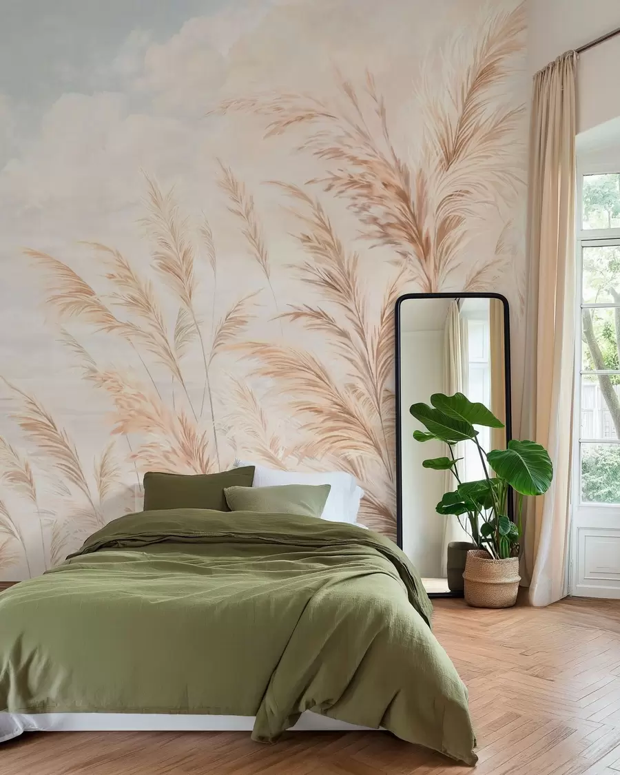 wall murals Soft, tall stalks of wheat and grass under a cloudy sky w05735