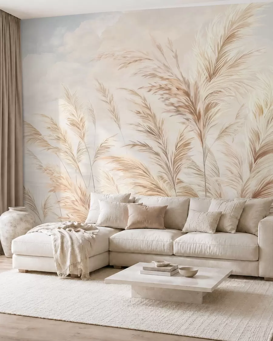 wall murals Soft, tall stalks of wheat and grass under a cloudy sky w05735