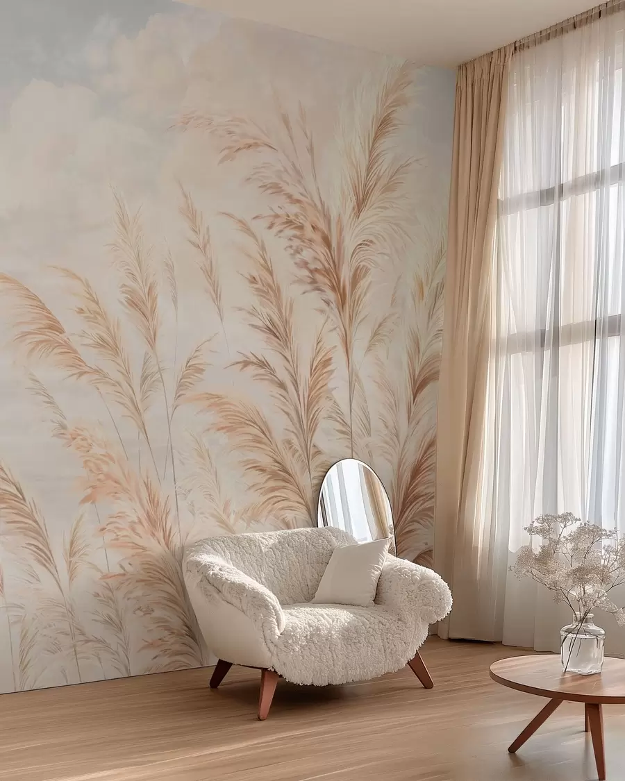 wall murals Soft, tall stalks of wheat and grass under a cloudy sky w05735