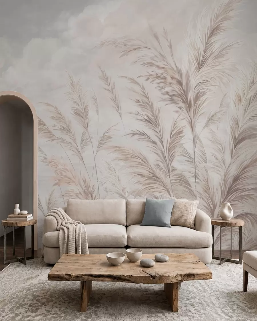 wall murals Delicate grasses by the water under light clouds w05735v1