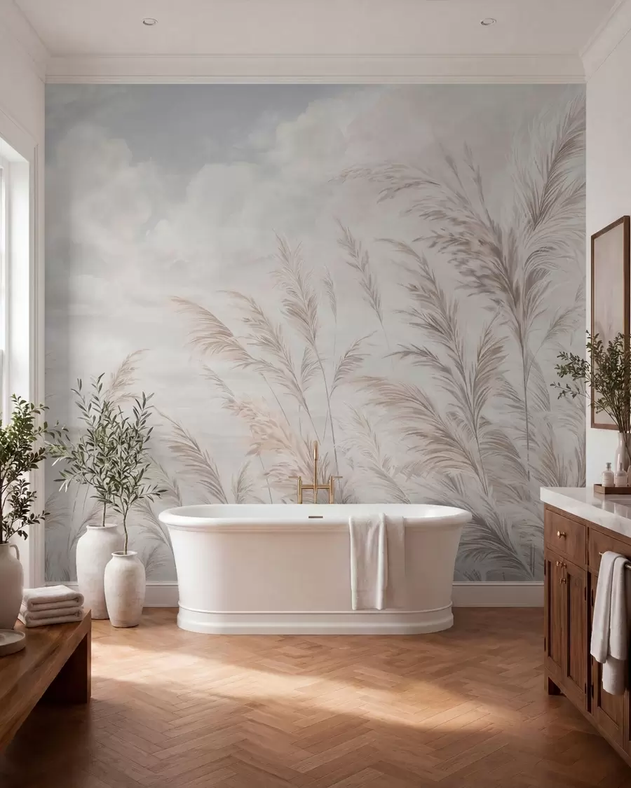 wall murals Delicate grasses by the water under light clouds w05735v1
