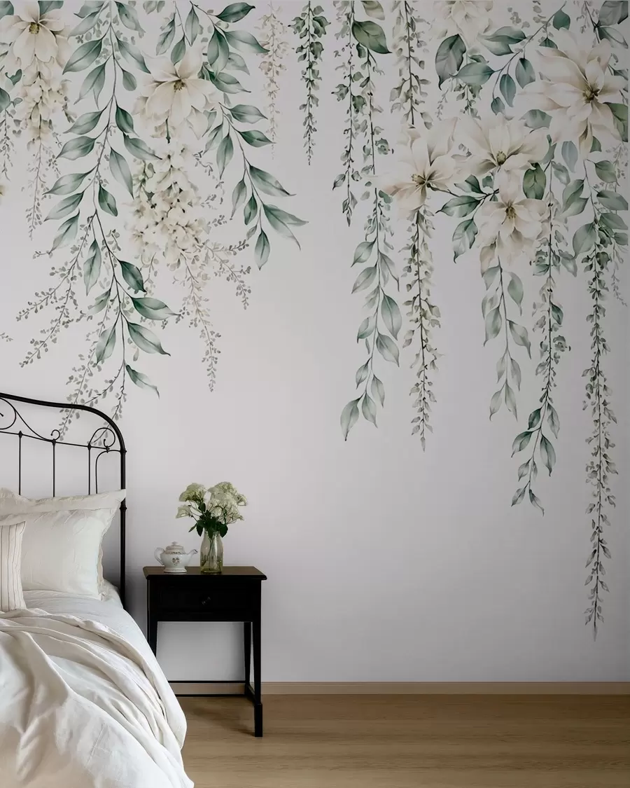 wall murals Cascading flowers and green foliage on a light background w05736