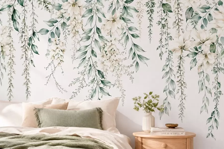 wall murals Cascading flowers and green foliage on a light background w05736