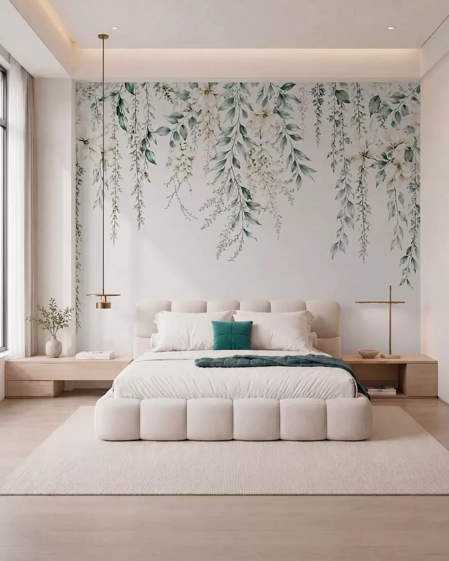 wall murals Cascading flowers and green foliage on a light background w05736