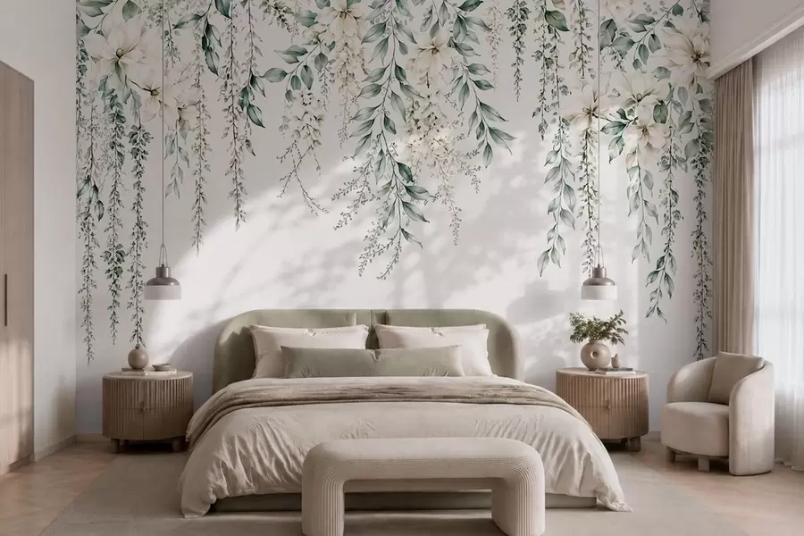 wall murals Cascading flowers and green foliage on a light background w05736