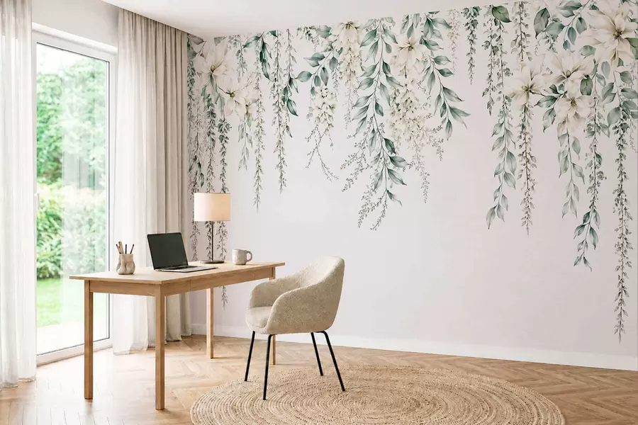 wall murals Cascading flowers and green foliage on a light background w05736