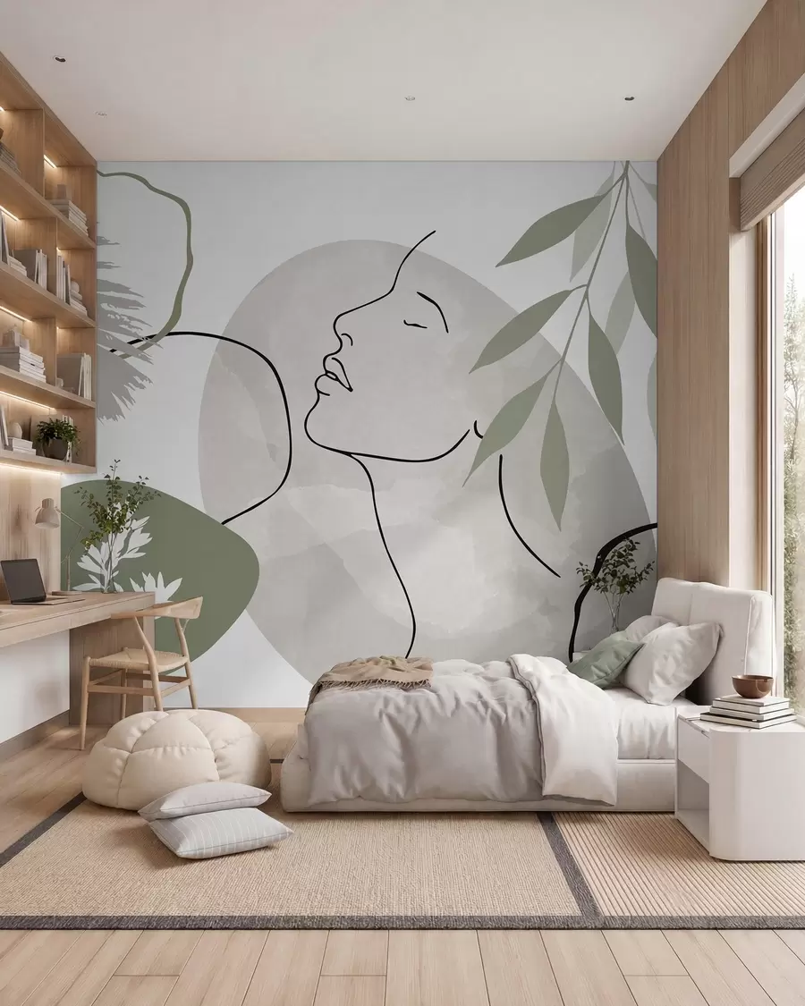 wall murals Abstraction with vegetation and a silhouette of a face w05776v1