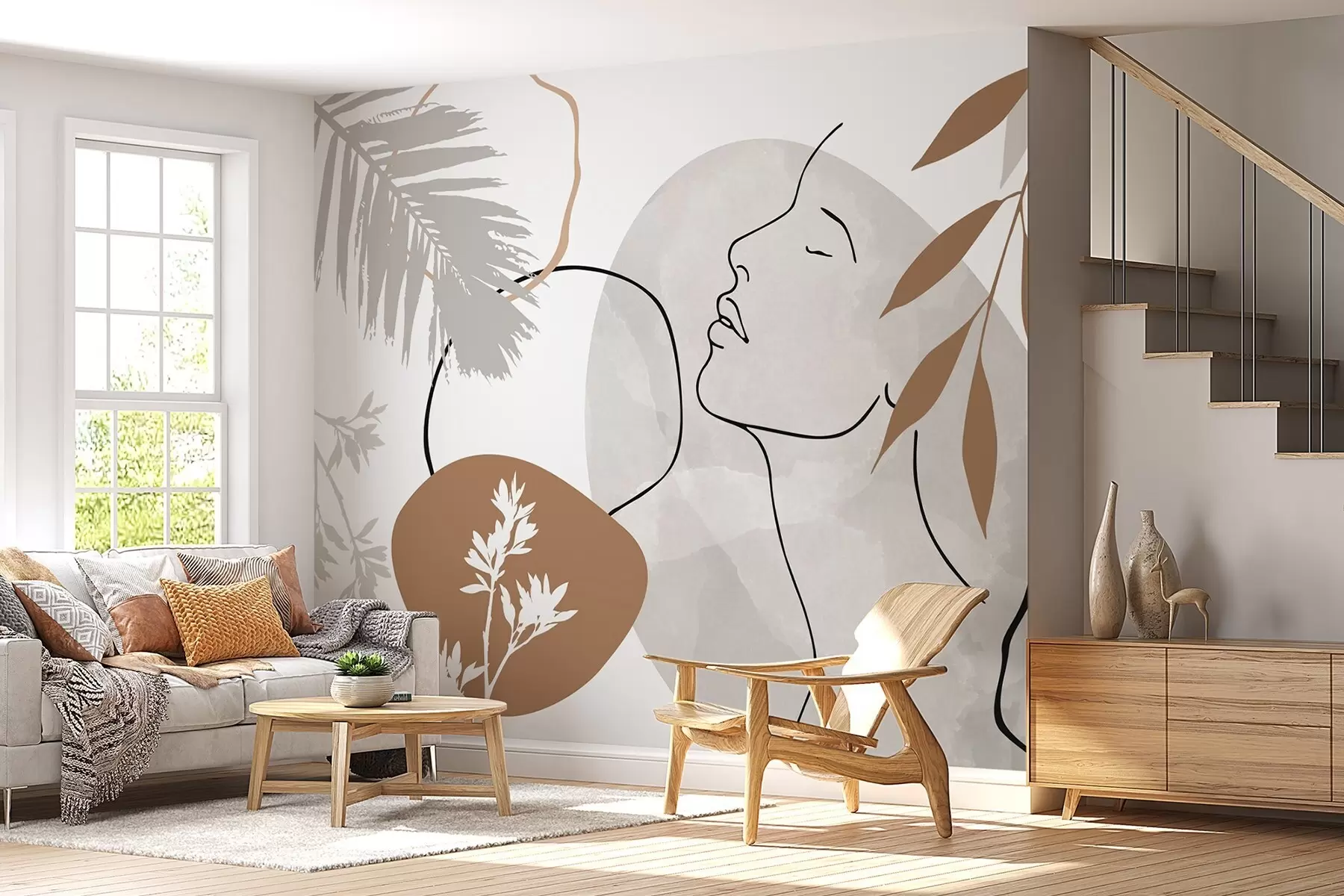 wall murals Abstraction with vegetation and a silhouette of a face w05776