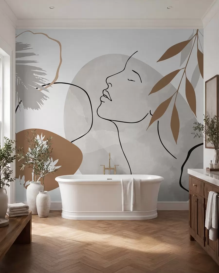 wall murals Abstraction with vegetation and a silhouette of a face w05776