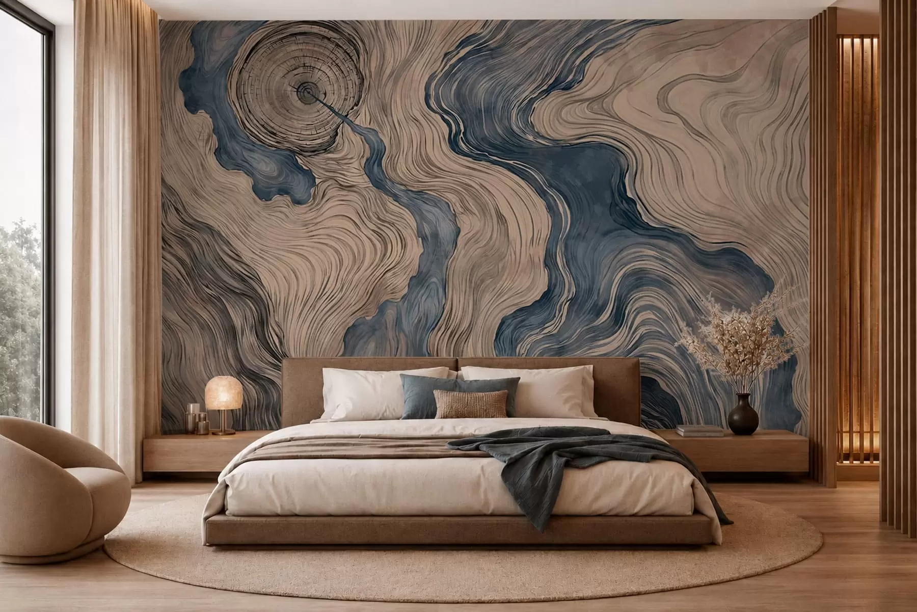 wall murals An abstract pattern with a linear woodgrain design in shades of blue w05729v1