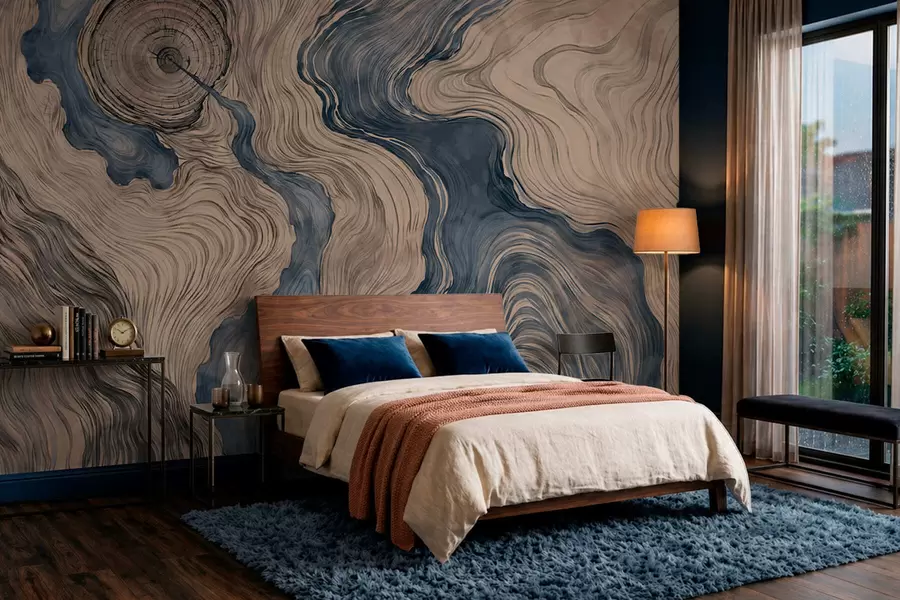 wall murals An abstract pattern with a linear woodgrain design in shades of blue w05729v1