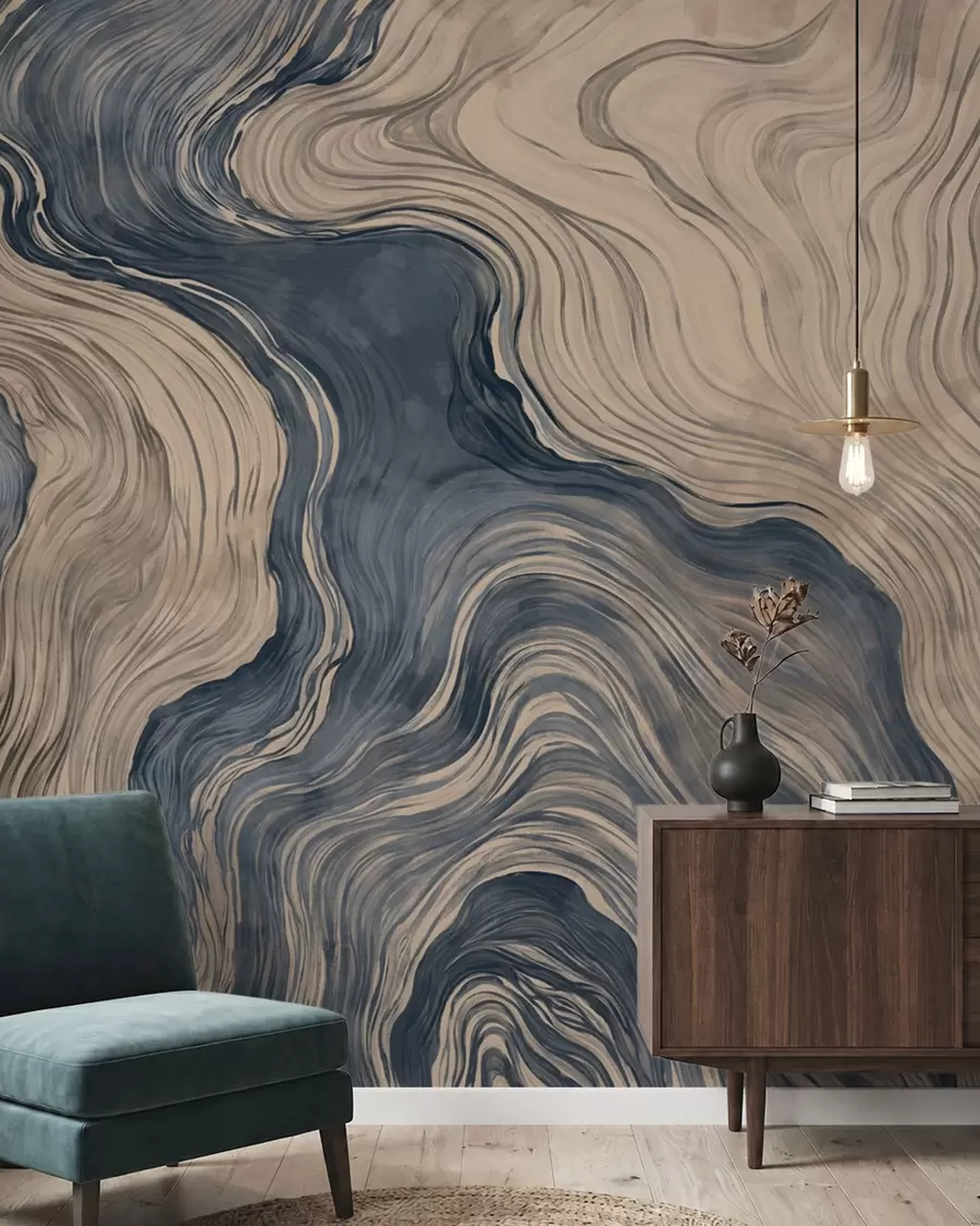 wall murals An abstract pattern with a linear woodgrain design in shades of blue w05729v1