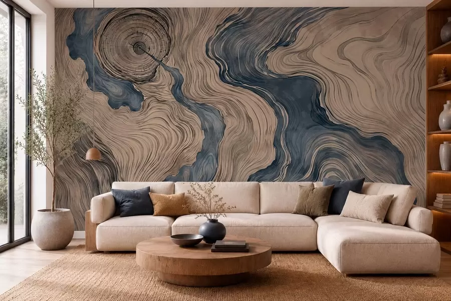 wall murals An abstract pattern with a linear woodgrain design in shades of blue w05729v1