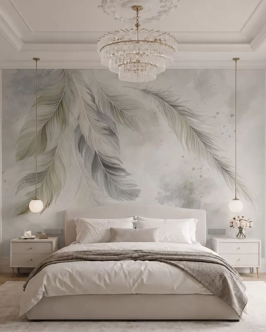wall murals Light-colored feathers on a soft watercolor background w05737v1