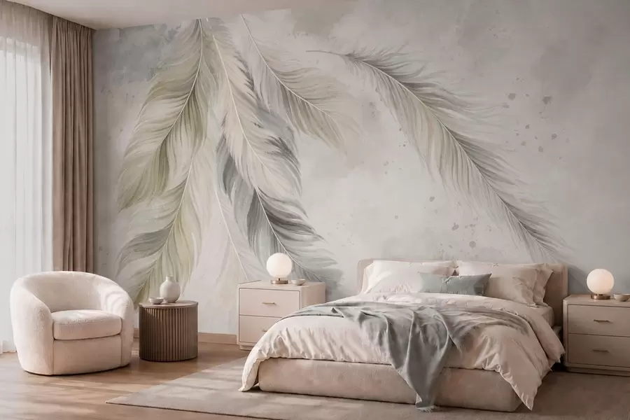 wall murals Light-colored feathers on a soft watercolor background w05737v1