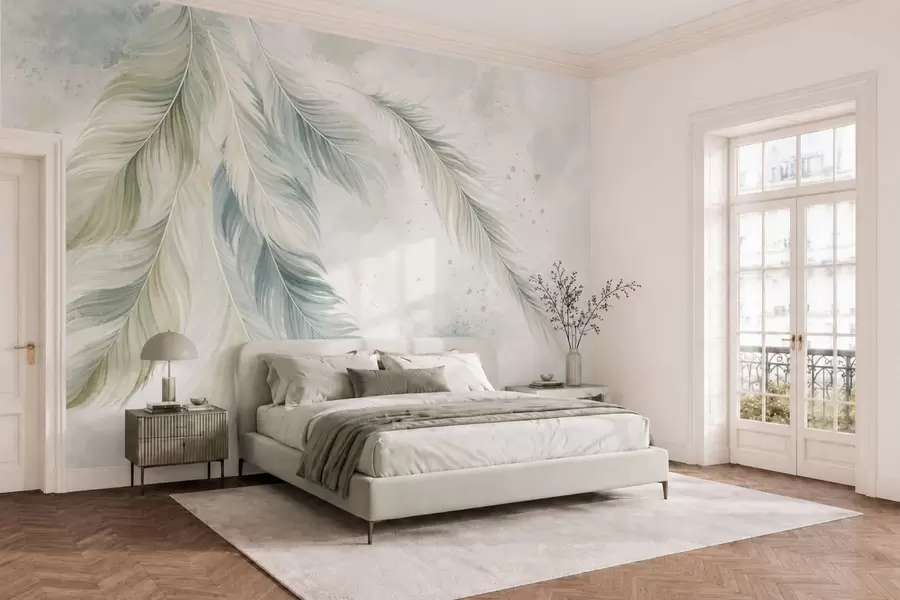 wall murals Light-colored feathers on a delicate watercolor background w05737v2