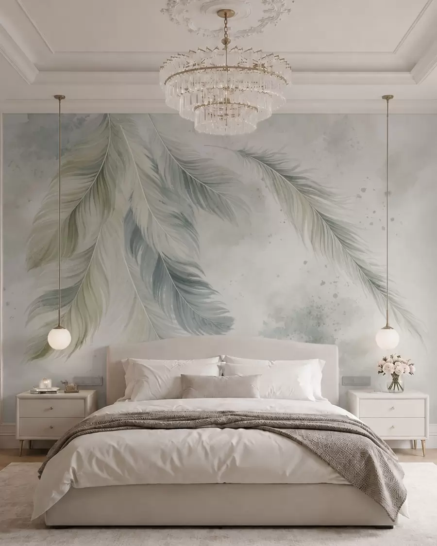 wall murals Light-colored feathers on a delicate watercolor background w05737v2