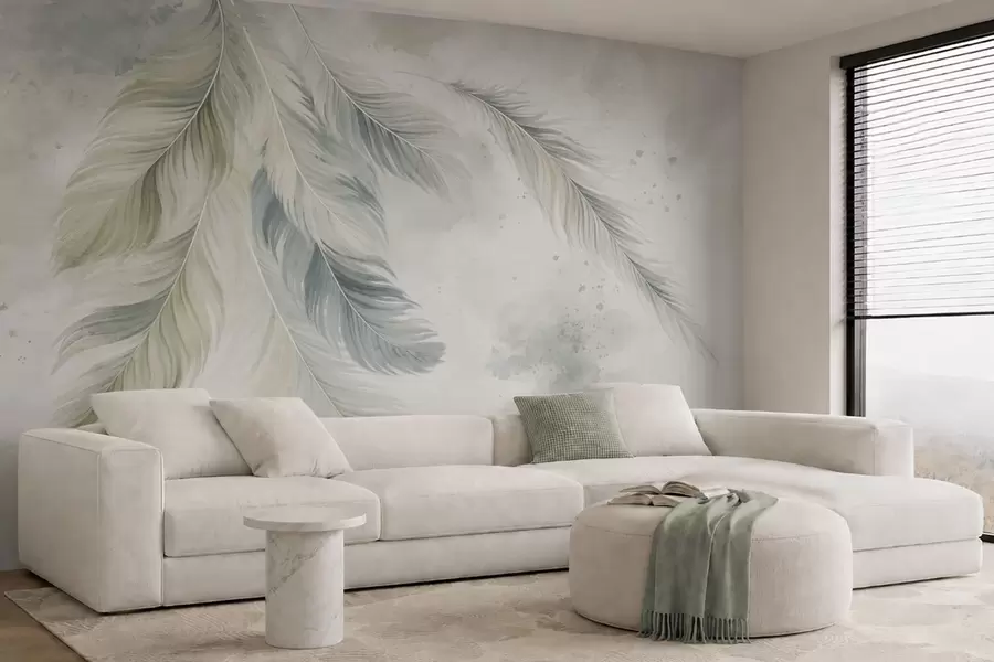 wall murals Light-colored feathers on a delicate watercolor background w05737v2