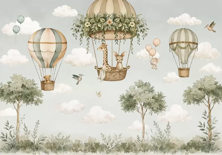 wall murals Hot air balloons with a giraffe, a kangaroo, a bear, and other animals among clouds and trees w05738