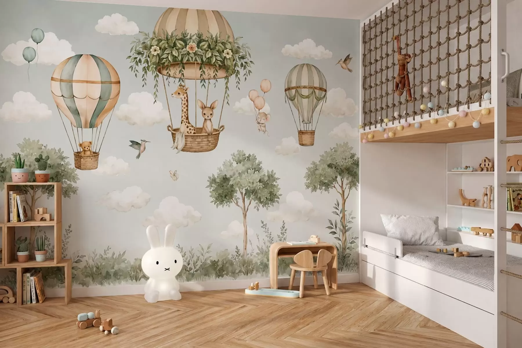 wall murals Hot air balloons with a giraffe, a kangaroo, a bear, and other animals among clouds and trees w05738