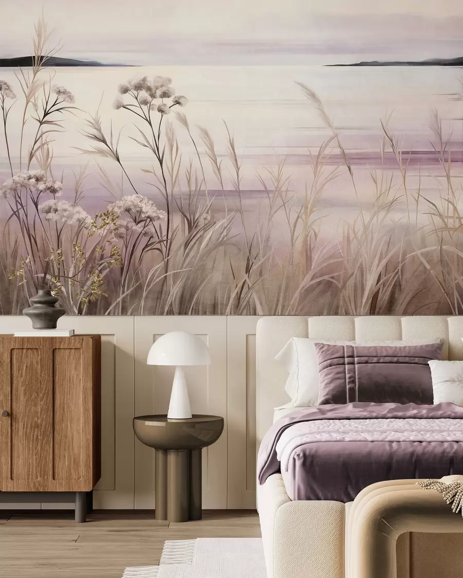 wall murals Landscape textured dried flowers and tall grass near the river, soft, pastel sky w09939
