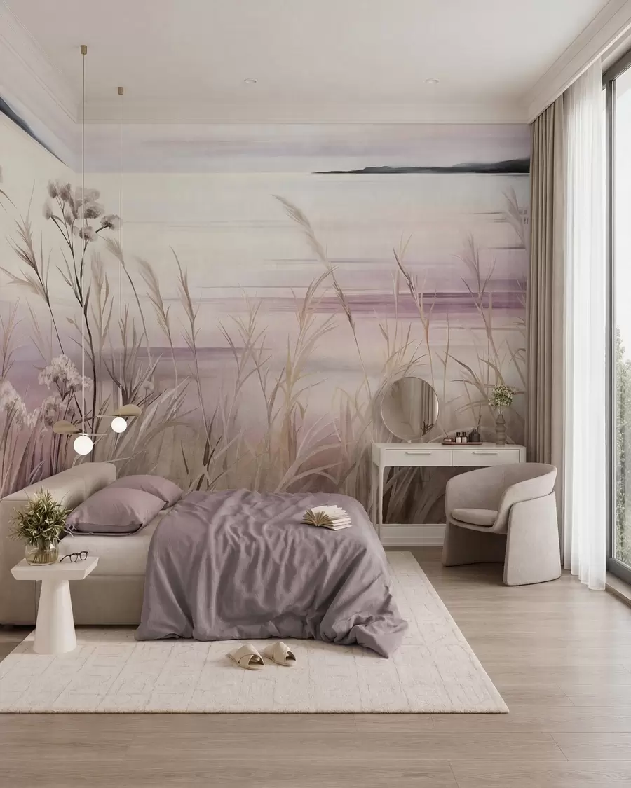 wall murals Landscape textured dried flowers and tall grass near the river, soft, pastel sky w09939