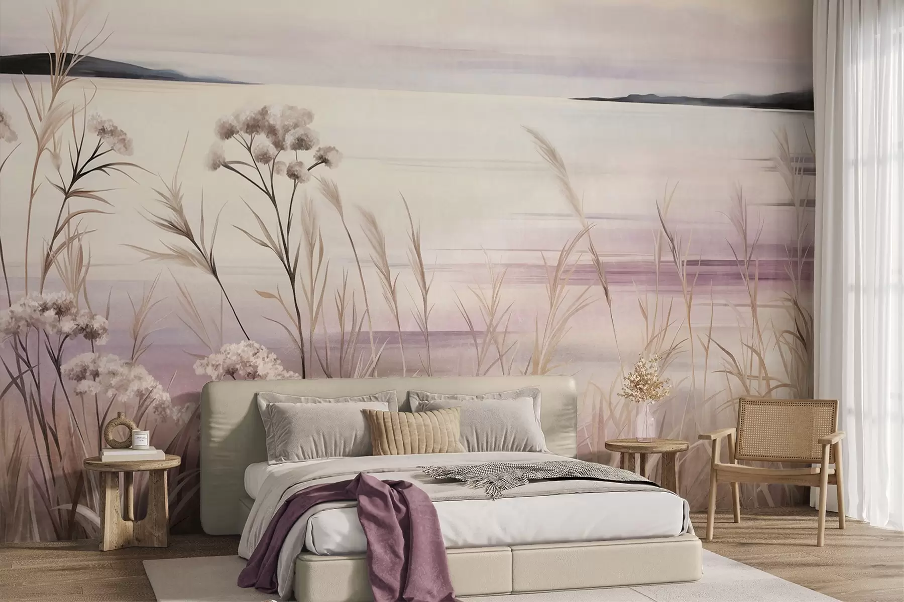 wall murals Landscape textured dried flowers and tall grass near the river, soft, pastel sky w09939