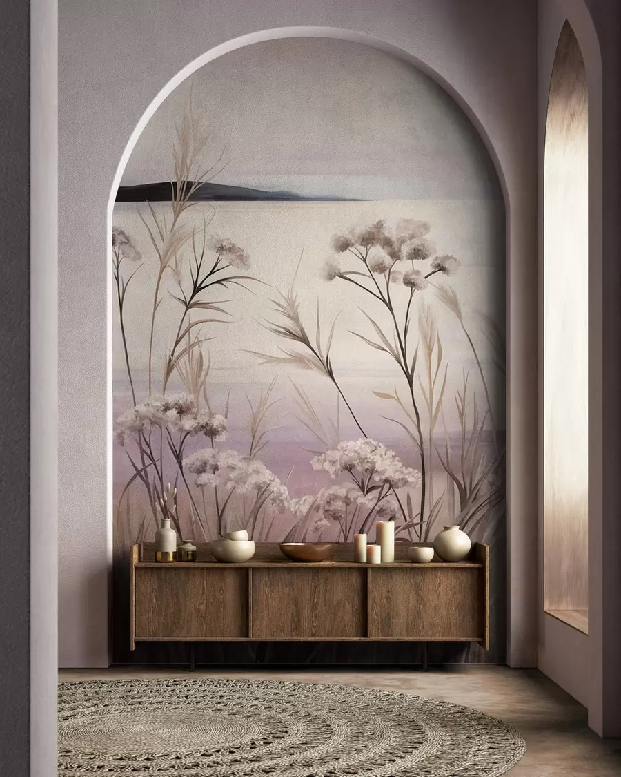 wall murals Landscape textured dried flowers and tall grass near the river, soft, pastel sky w09939