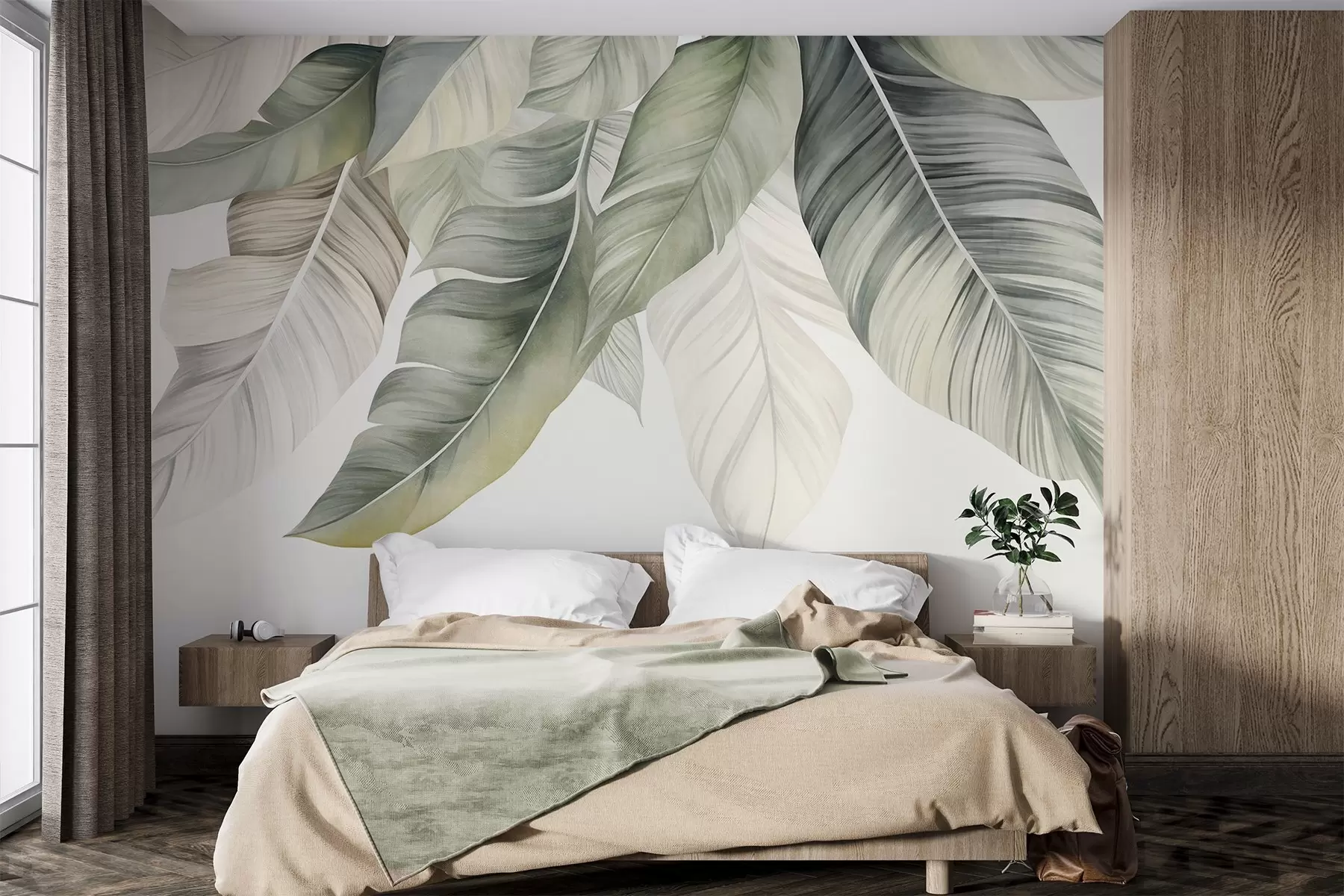 wall murals Large, pale green banana leaves with detailed veins, textured art, light background w09941