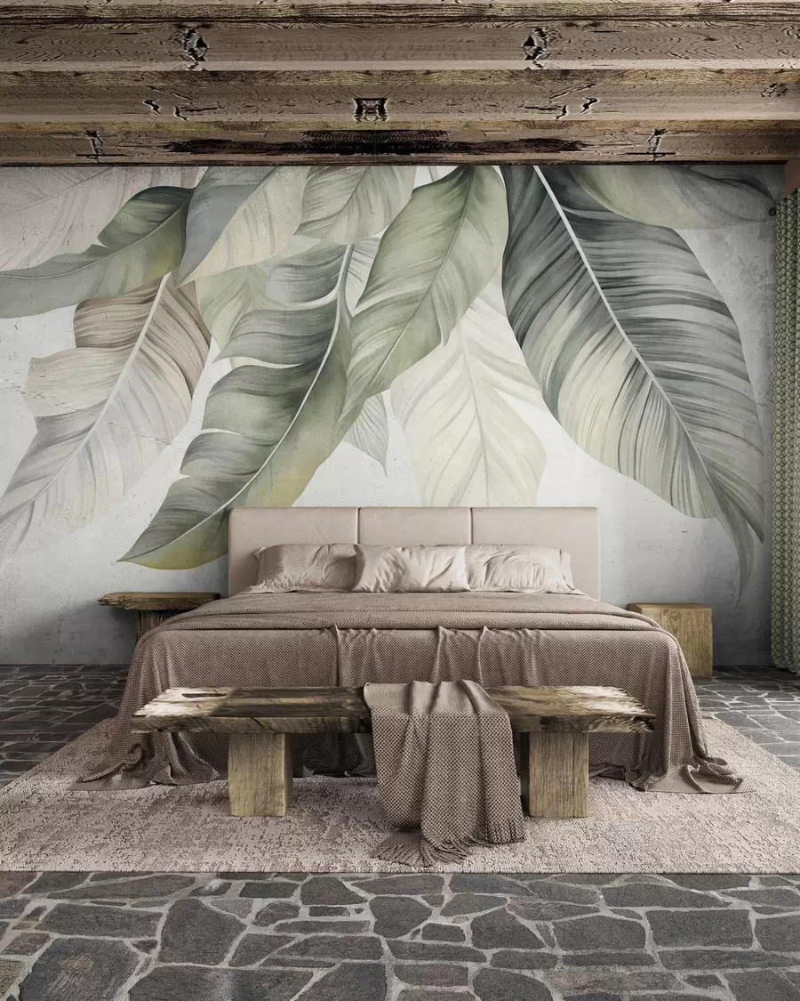 wall murals Large, pale green banana leaves with detailed veins, textured art, light background w09941