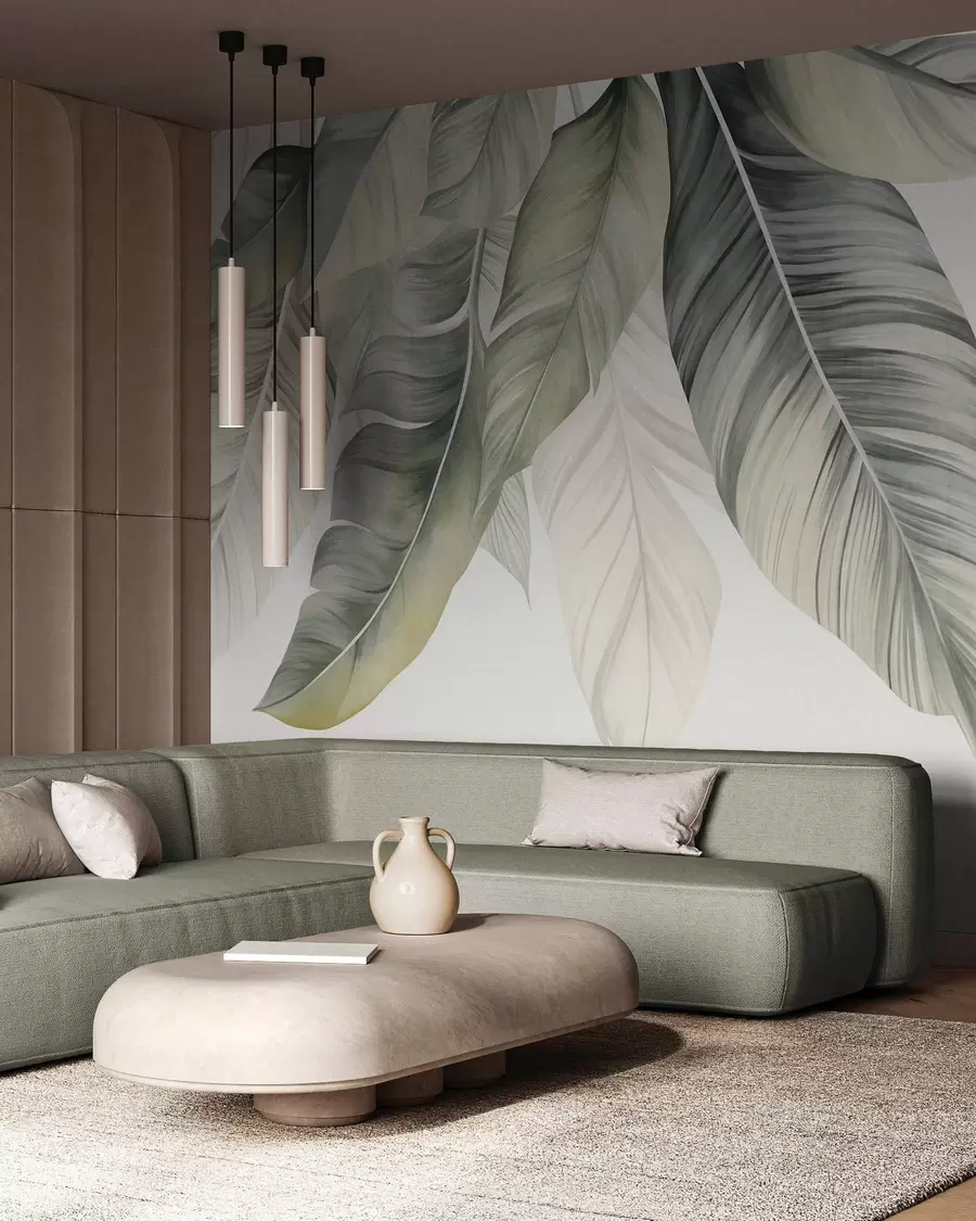 wall murals Large, pale green banana leaves with detailed veins, textured art, light background w09941