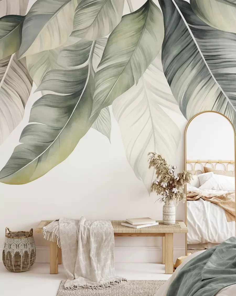 wall murals Large, pale green banana leaves with detailed veins, textured art, light background w09941