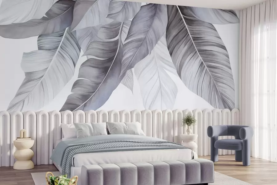 wall murals Large, pale blue banana leaves with detailed veins, textured art, light background w09941v1