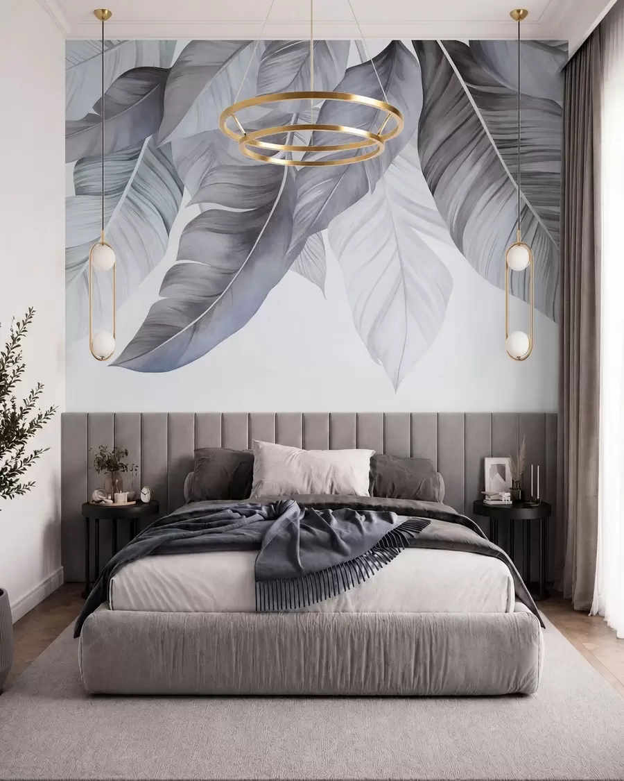 wall murals Large, pale blue banana leaves with detailed veins, textured art, light background w09941v1