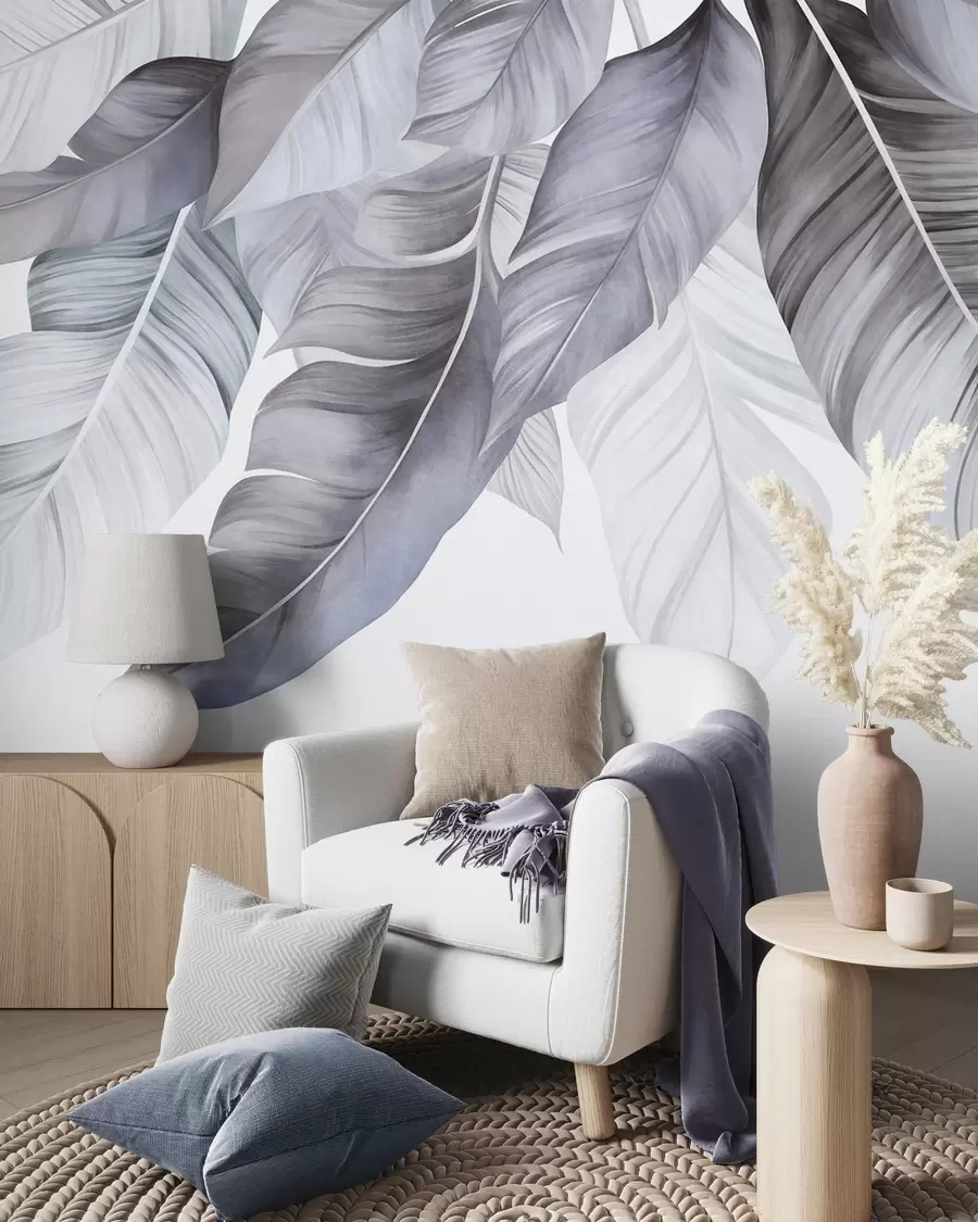 wall murals Large, pale blue banana leaves with detailed veins, textured art, light background w09941v1
