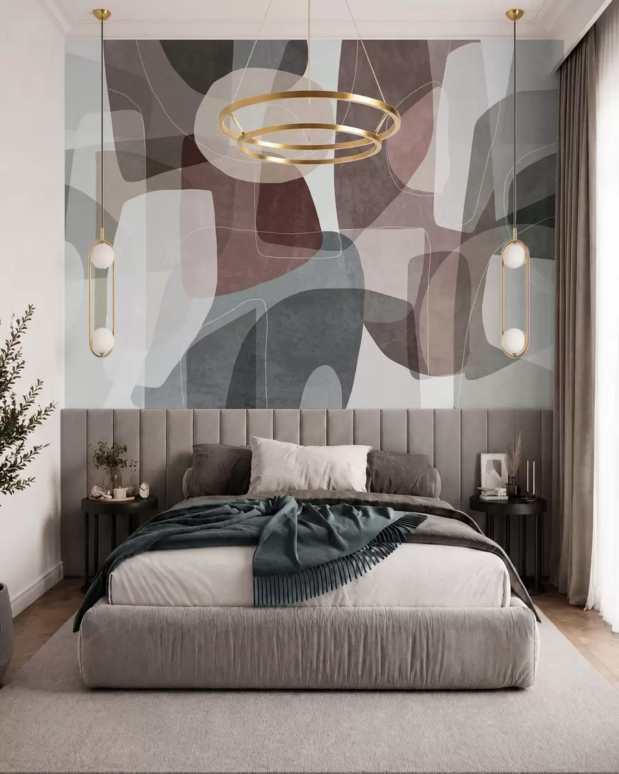 wall murals Abstract shapes in muted earth tones with thin white lines, overlapping textures w09942