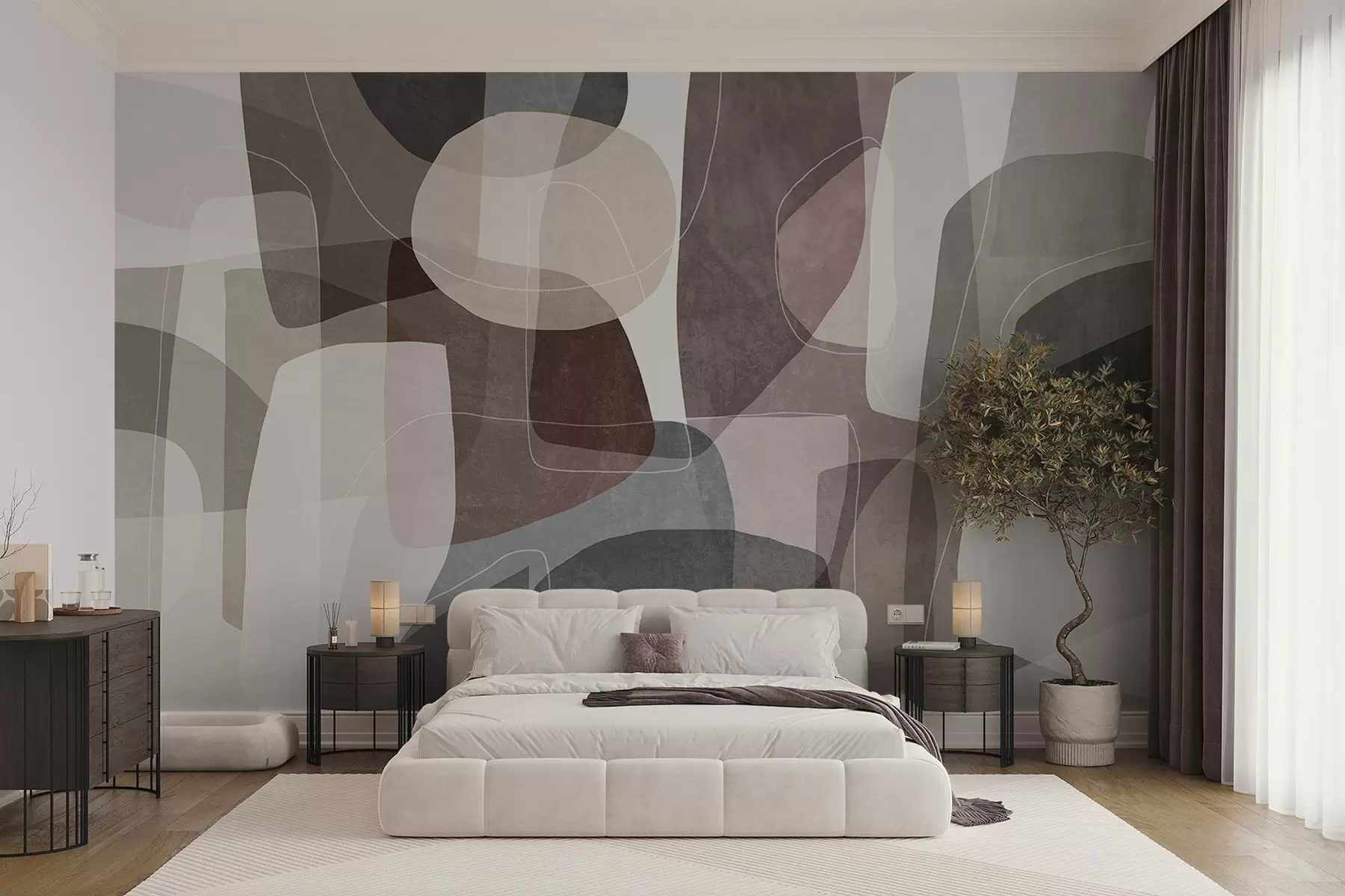 wall murals Abstract shapes in muted earth tones with thin white lines, overlapping textures w09942
