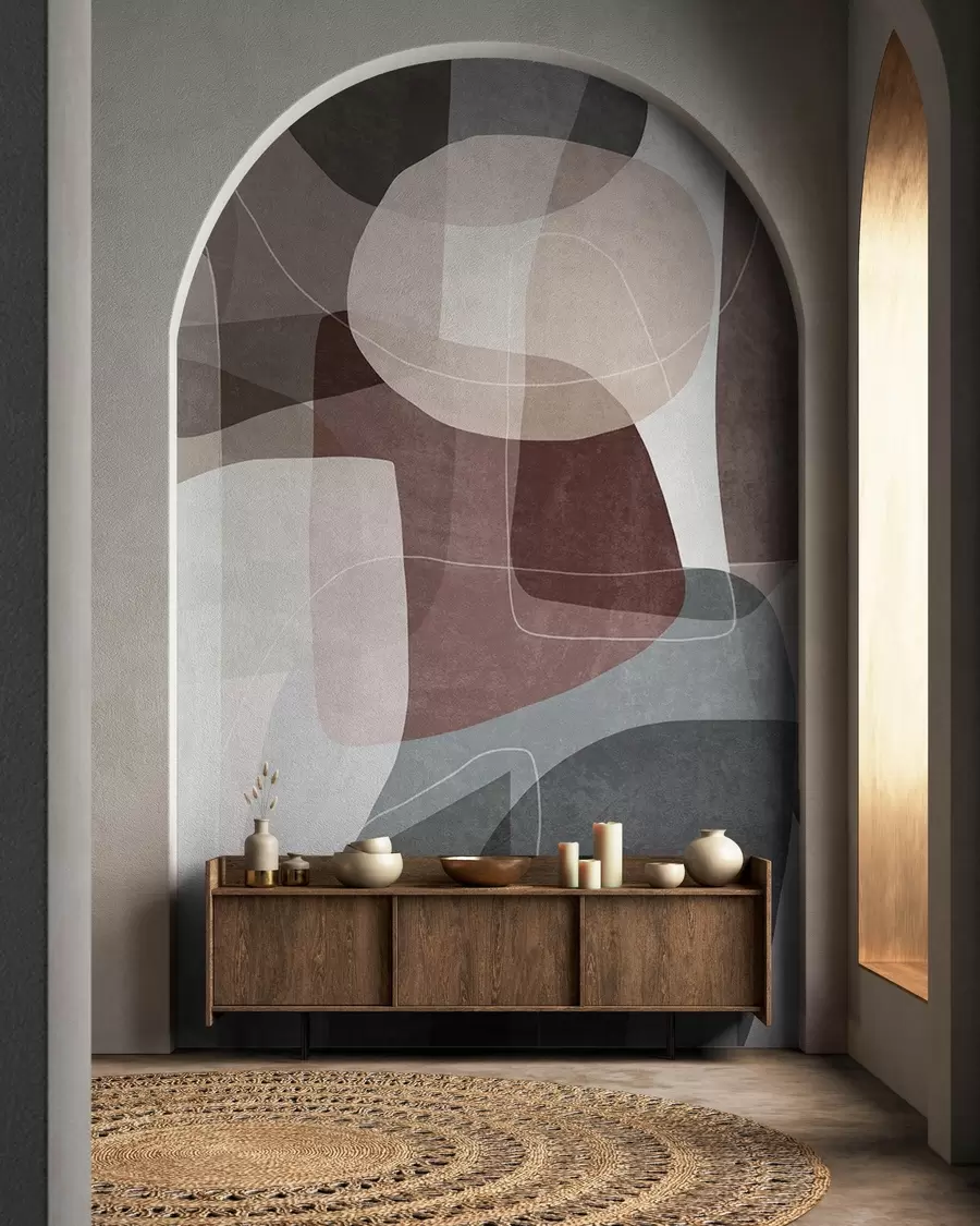 wall murals Abstract shapes in muted earth tones with thin white lines, overlapping textures w09942