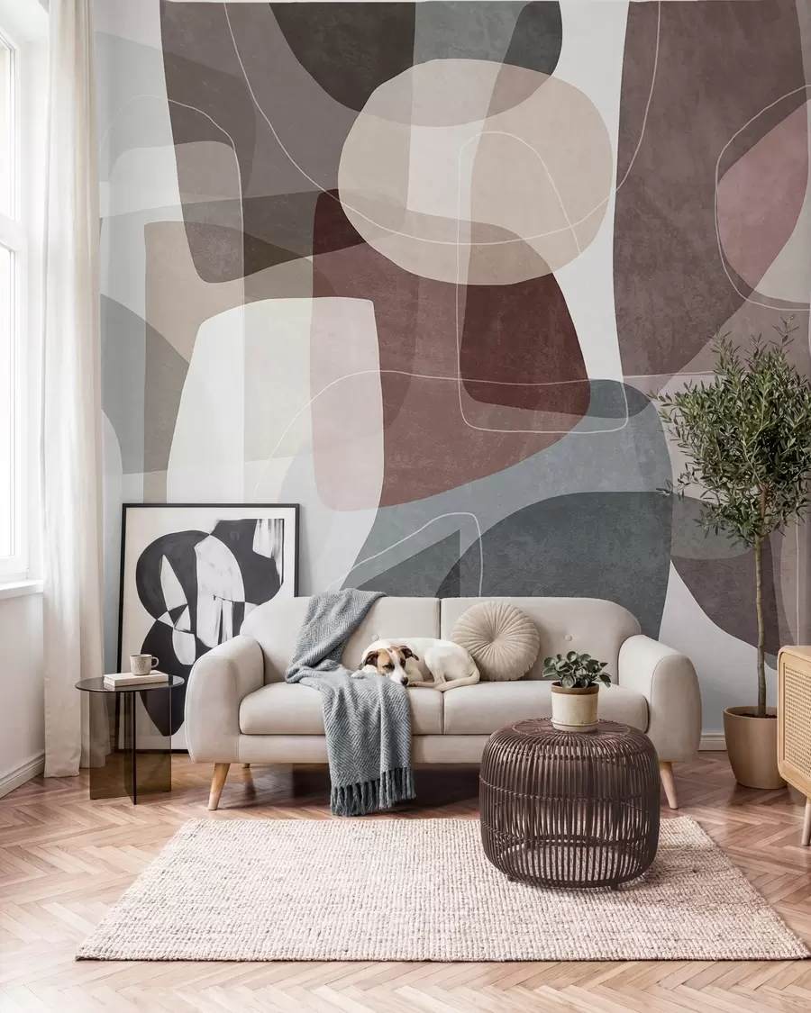 wall murals Abstract shapes in muted earth tones with thin white lines, overlapping textures w09942