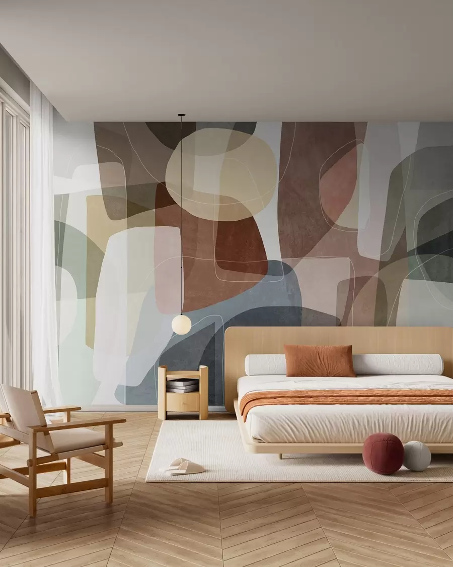 wall murals Abstract shapes in muted earth tones with thin white lines, overlapping textures w09942v1