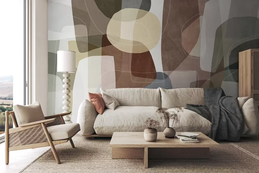 wall murals Abstract shapes in muted earth tones with thin white lines, overlapping textures w09942v1